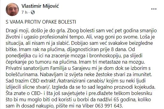 Mijović informaciju objavio na Facebooku - Avaz