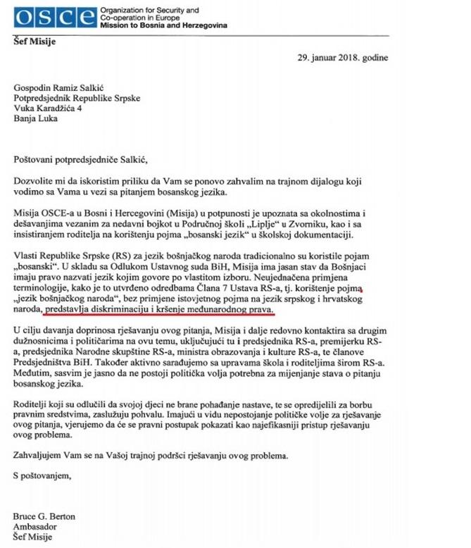 Faksimil odgovora koji je OSCE poslao Salkiću - Avaz