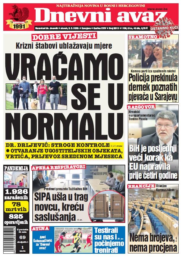 Naslovna strana "Dnevnog avaza" za 5. maj 2020. - Avaz