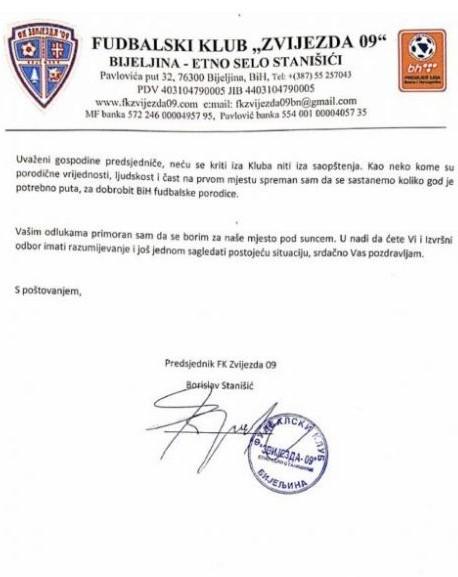 Otvoreno pismo FK Zvijezda 09 - Avaz