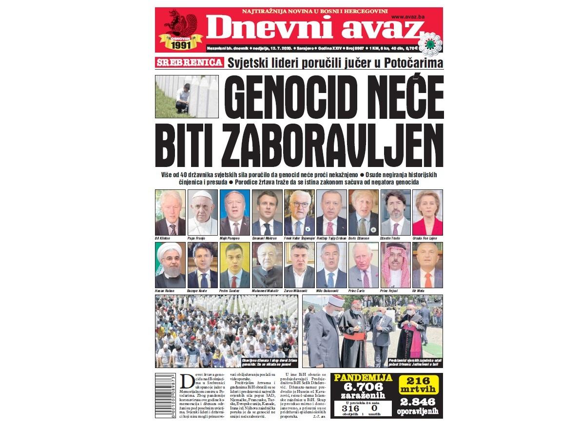 Danas u "Dnevnom avazu" čitajte: Genocid neće biti zaboravljen