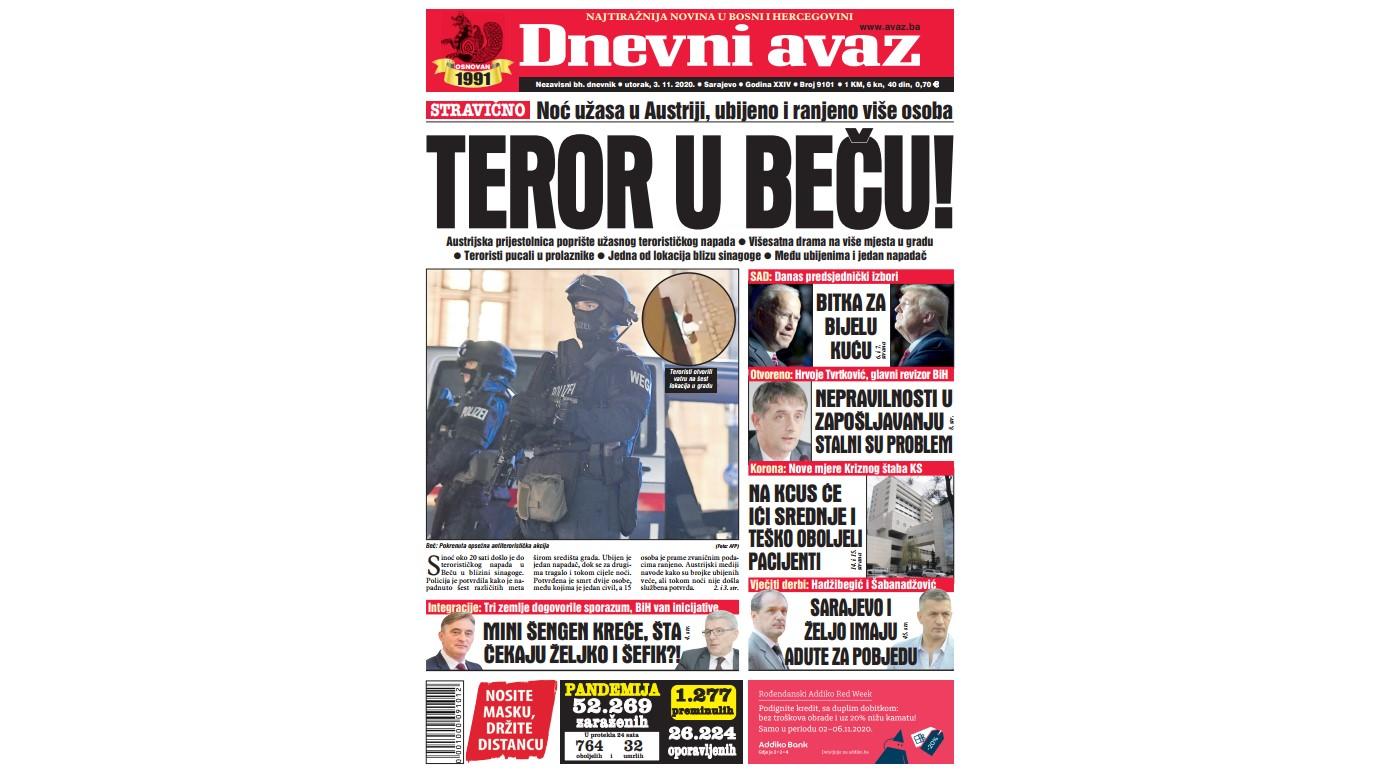 Danas u "Dnevnom avazu" čitajte: Teror u Beču