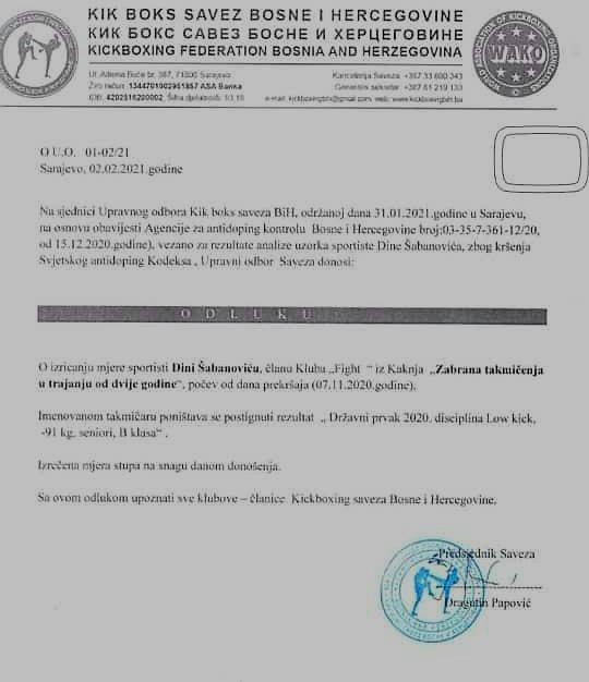 Odluka Agencija za antidoping kontrolu Bosne i Hercegovine - Avaz