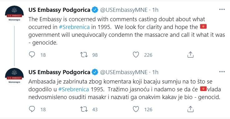 Objava na Twitteru Ambasada SAD u Podgorici - Avaz