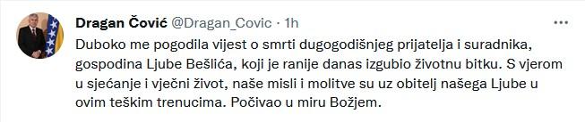 Status koji je Čović objavio na Twitteru - Avaz