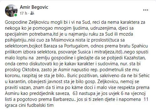 Objava Amira Begovića na Facebooku - Avaz