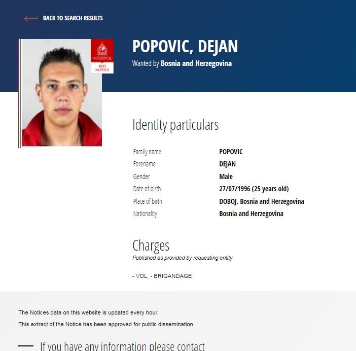 Popović na stranici Interpola - Avaz