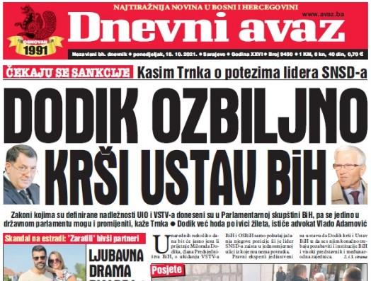 Danas u "Dnevnom avazu" čitajte: Dodik ozbiljno krši Ustav BiH