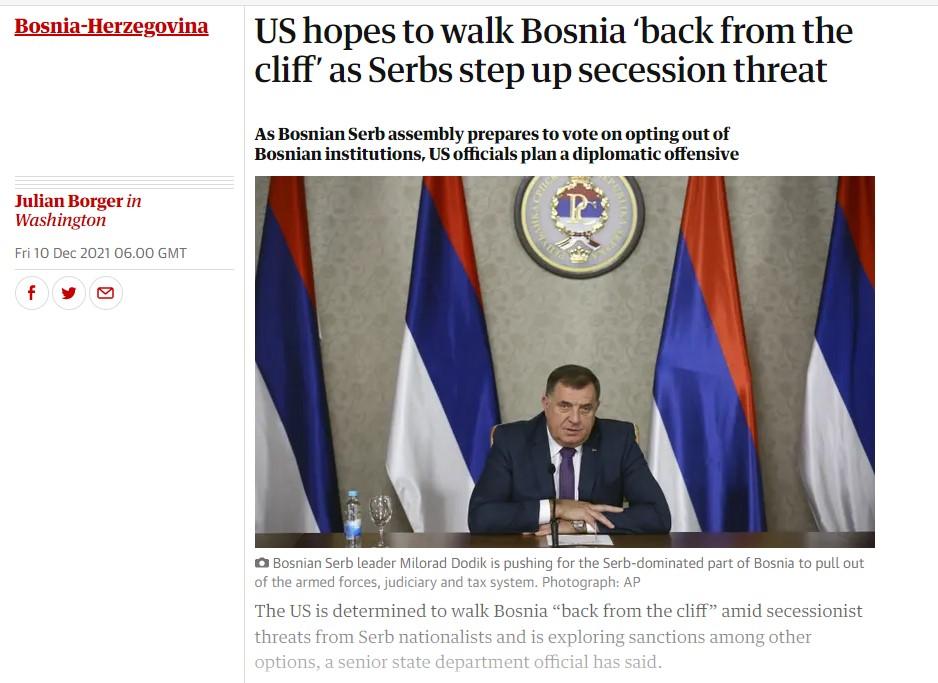 The Guardian: SAD su odlučne u tome da BiH vrate "s litice", usred secesionističkih prijetnji