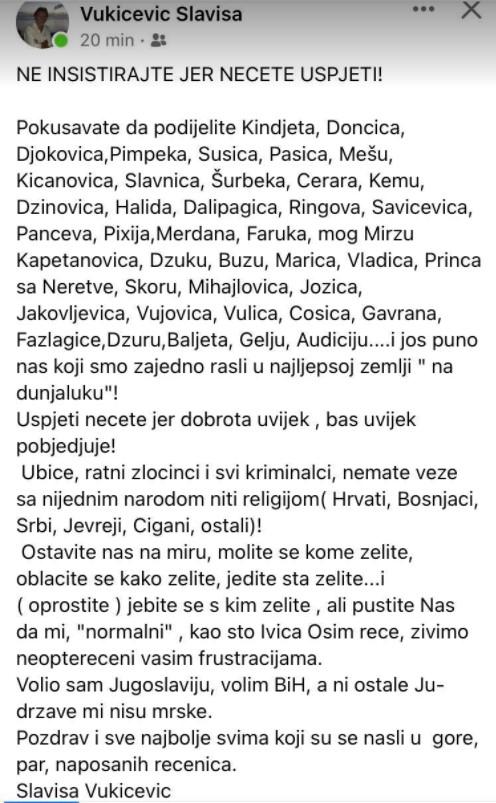 Vukičevićeva objava na Facebooku - Avaz