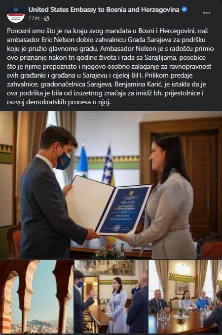 Objava na Facebook stranici Ambasade SAD u BiH - Avaz