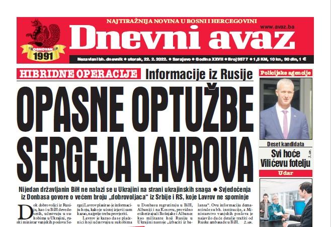 Danas u "Dnevnom avazu" čitajte: Opasne optužbe Sergeja Lavrova