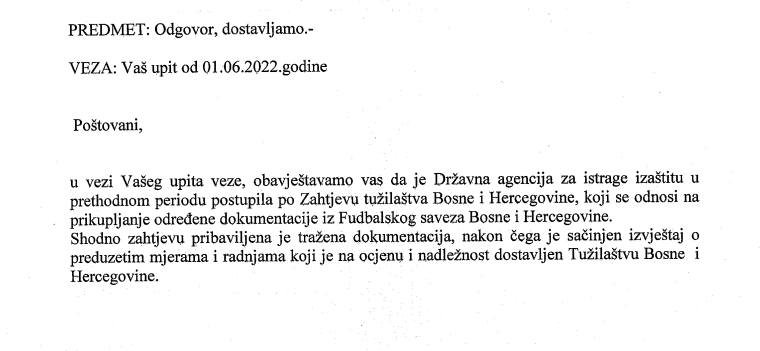 Faksimil odgovora iz SIPA-e: Rade prema nalogu Tužilaštva BiH - Avaz