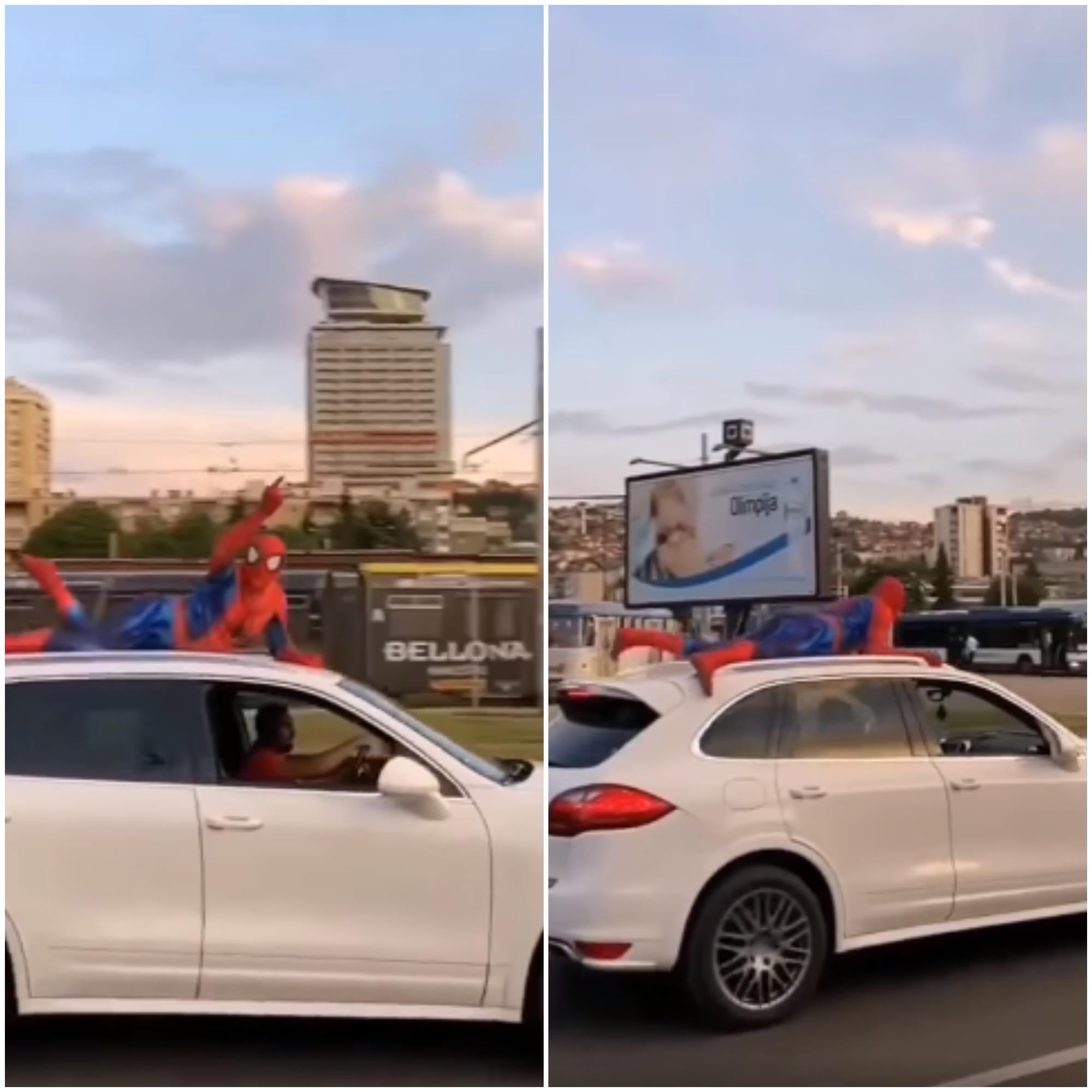 Akrobacije na glavnoj saobraćajnici u Sarajevu: U kostimu Spidermana na krovu automobila