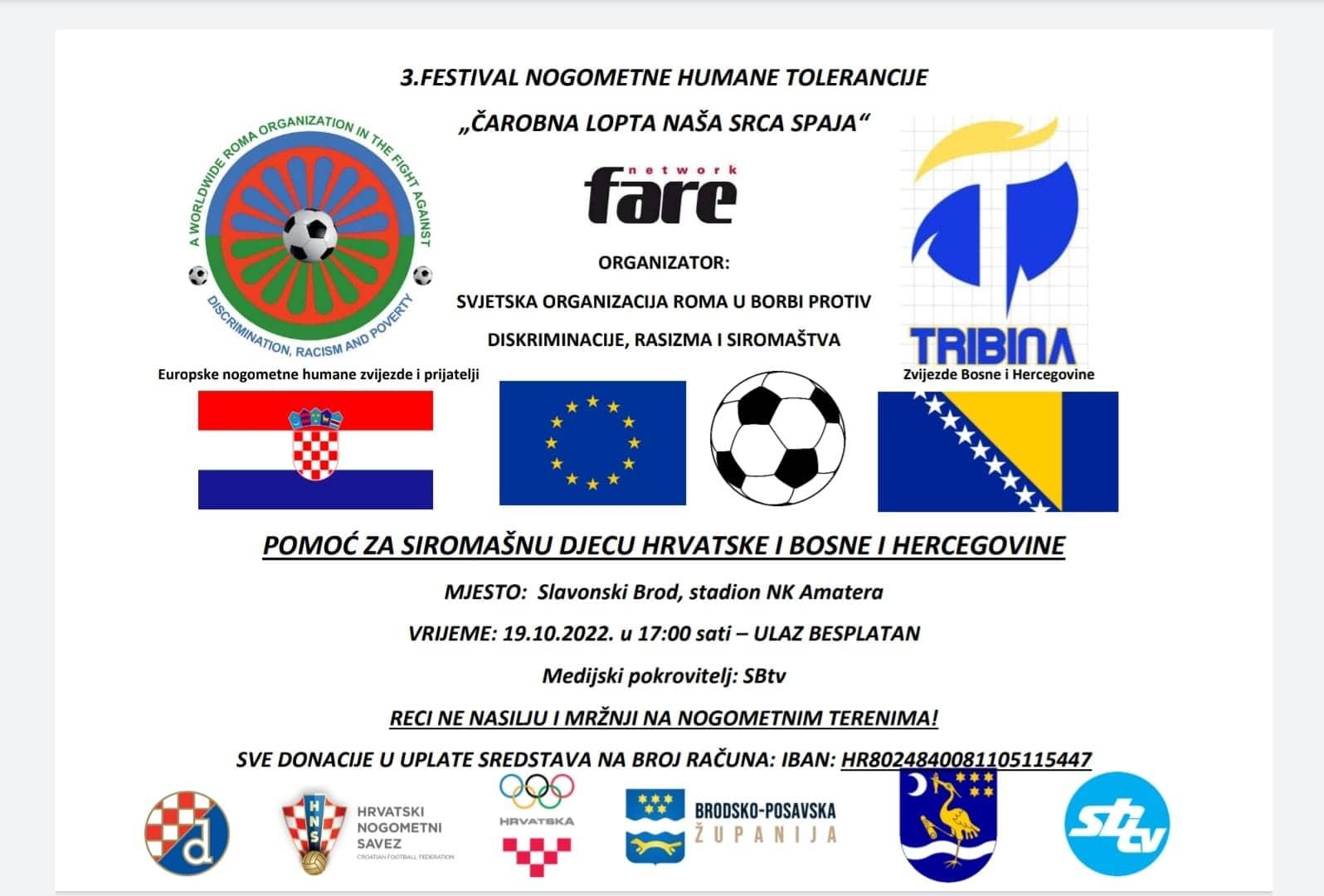 Organizator nogometnog spektala u Slavonskom Brodu (stadionu NK Amater - u 17 sati) je Svjetska asocijacija Roma - Avaz