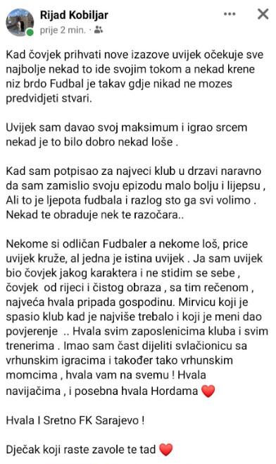 Objava Kobiljara na Facebooku - Avaz