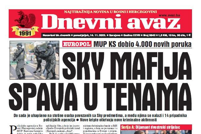 Današnji "Dnevni avaz": Sky mafija spava u tenama