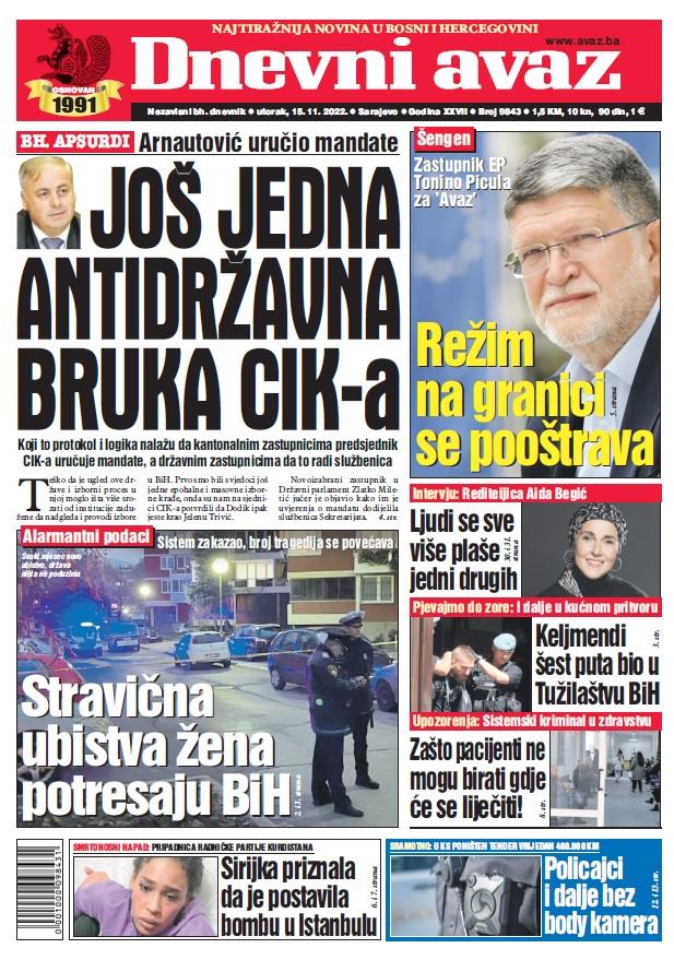 Današnja naslovna strana "Dnevnog avaza" - Avaz