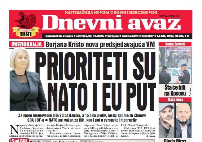 Danas u "Dnevnom avazu" čitajte: Prioriteti su NATO i EU put