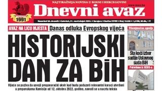 U današnjem "Dnevnom avazu" čitajte: Historijski dan za BiH