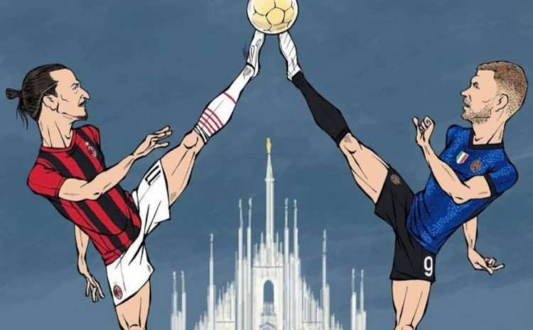 Ibrahimović i Džeko u borbi za loptu, u pozadini katedrala "Duomo di Milano"
