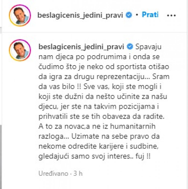 Objava Enisa Bešlagića na Instagramu
